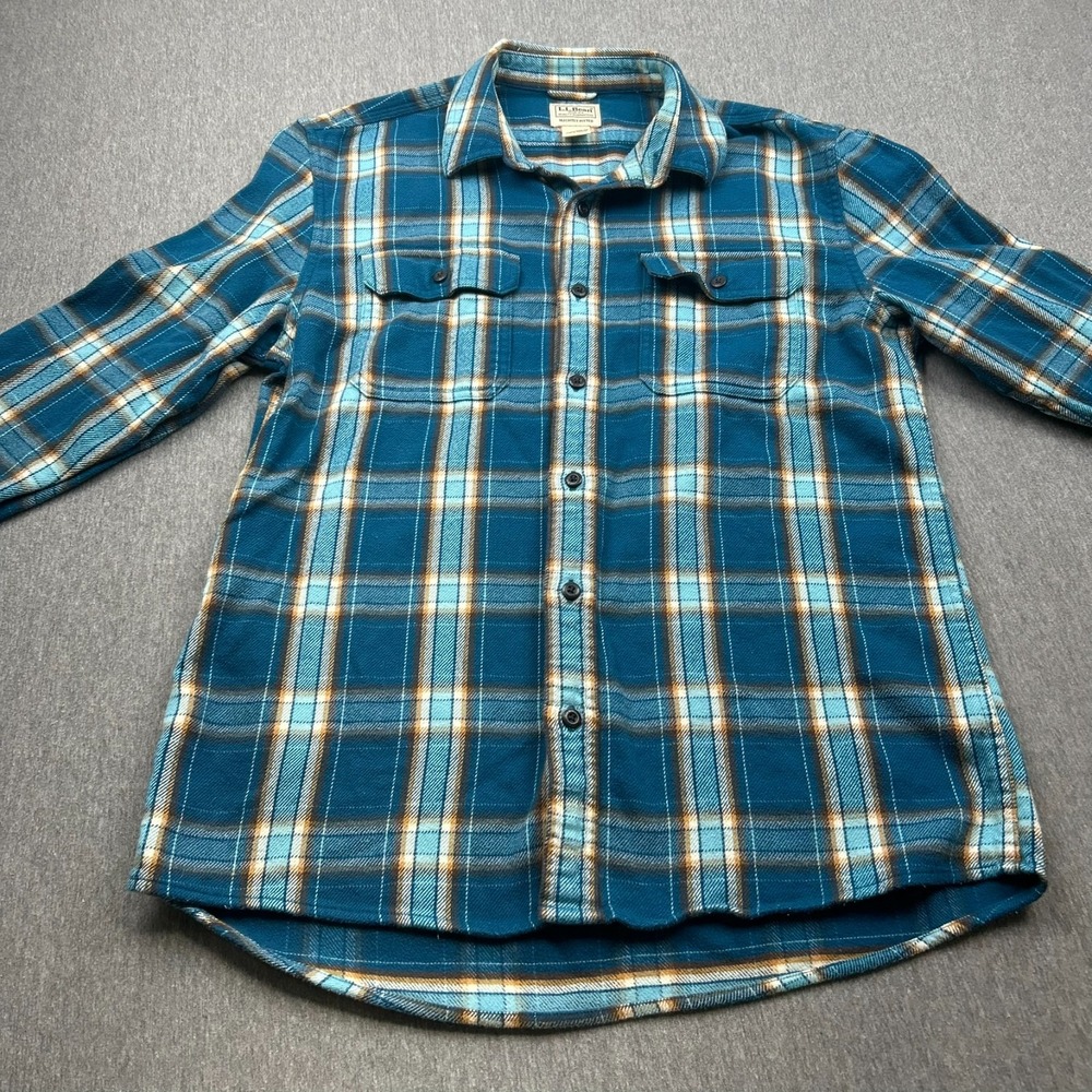 LL Bean Long Sleeve Button Up Slightly Fitted Flannel Shirt Mens Medium Blue - Picture 3 of 14
